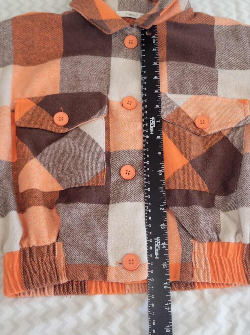 Timing Cropped Plaid Jean Shacket in Orange, Brown & Cream - Picture 9 of 14